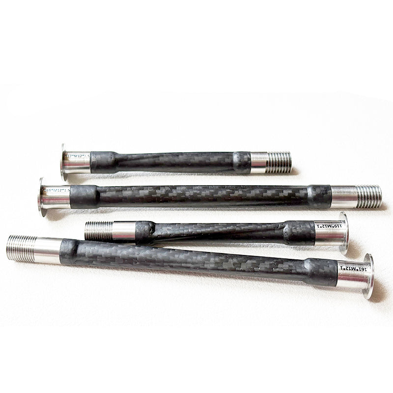 Carbon thru axle installed on road bike fork dropout